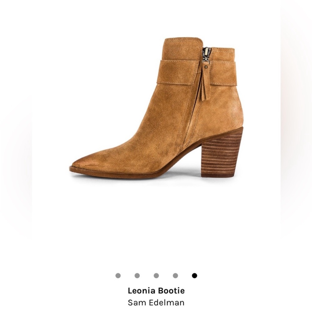 Sam Edelman Leonia Bootie – Camel Tan Suede, 2” Heel, Fair Condition